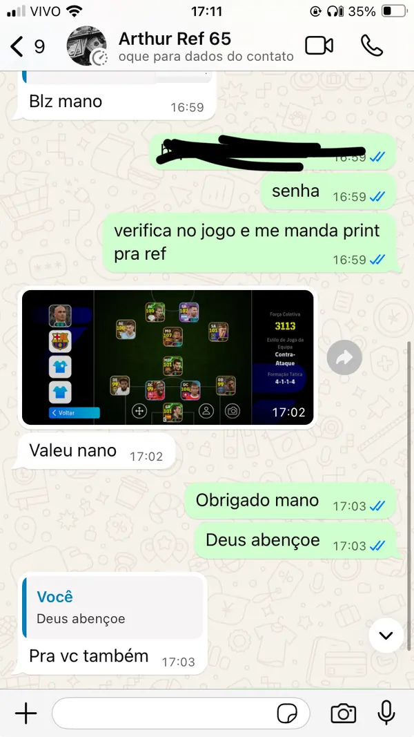 Conversa de cliente confirmando entrega da conta no WhatsApp